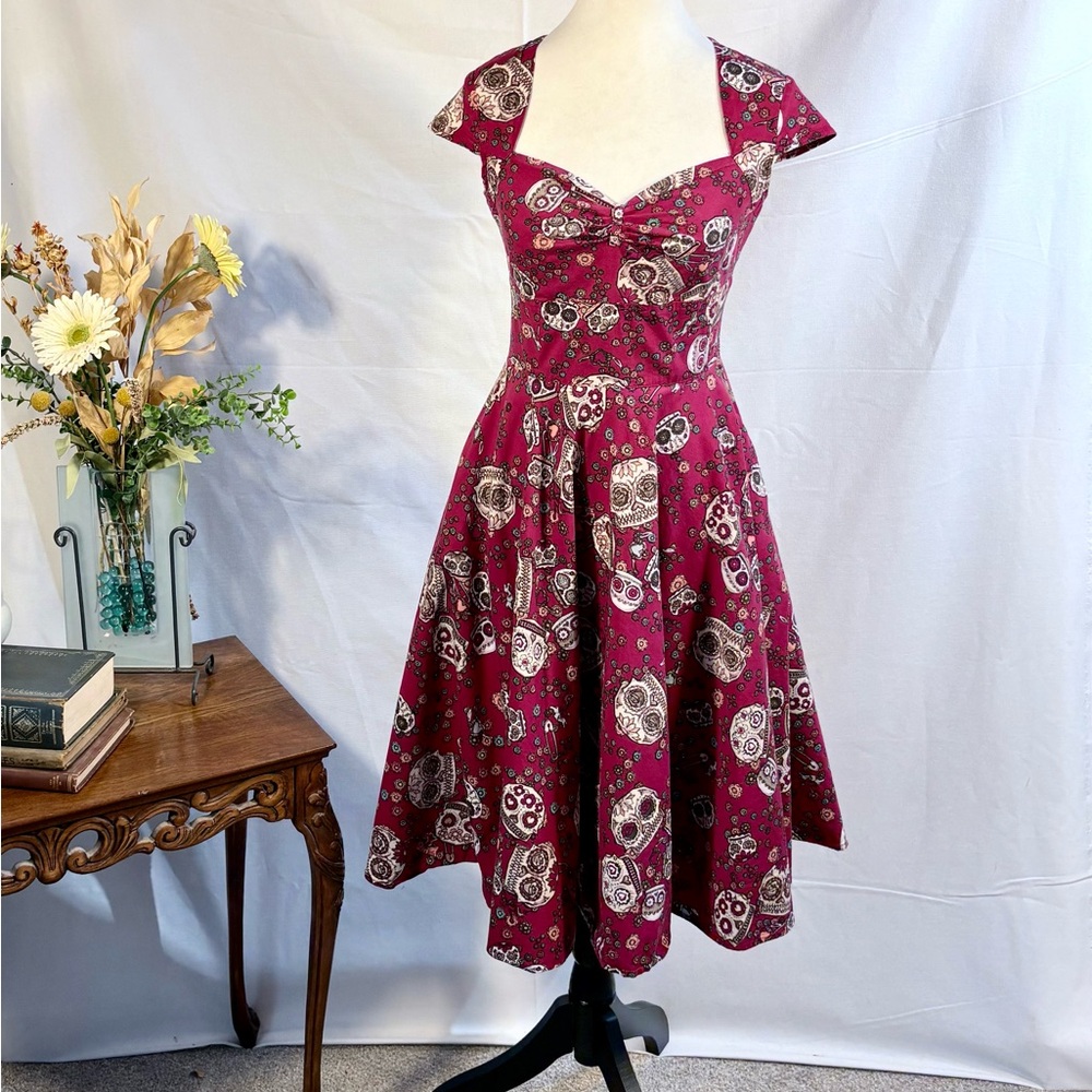 Hell Bunny Sasha Red Sugar Skull Fit Flare Rockabilly Dress XS🧡 - Picture 2 of 12
